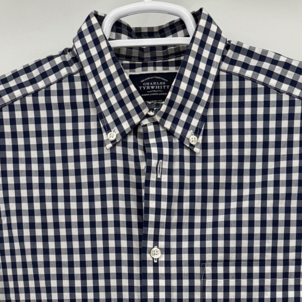 Charles Tyrwhitt Mens M Classic Fit Non-Iron Gingham Button Down Shirt Navy